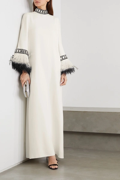 Shop Andrew Gn Feather And Crystal-embellished Cady Gown In White