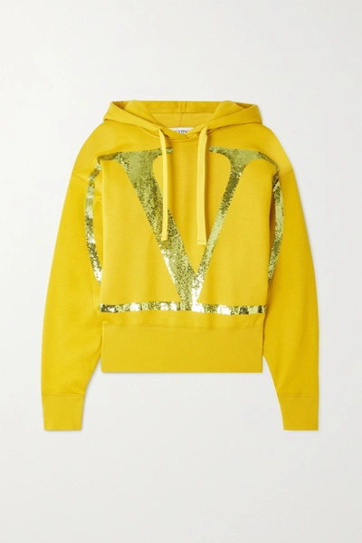 Shop Valentino Cropped Sequin-embellished Cotton-blend Jersey Hoodie In Marigold
