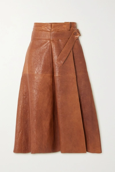 Shop Chloé Leather Wrap Midi Skirt In Brown
