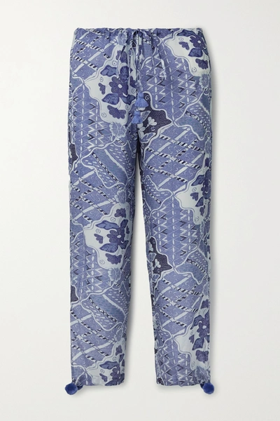 Shop Figue Goa Embellished Printed Crepe De Chine Pants In Blue