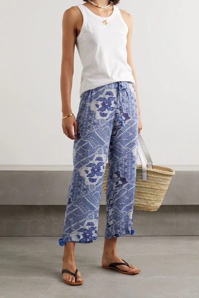 Shop Figue Goa Embellished Printed Crepe De Chine Pants In Blue