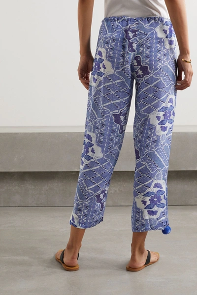 Shop Figue Goa Embellished Printed Crepe De Chine Pants In Blue