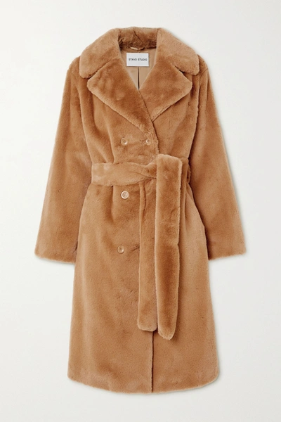 Shop Stand Studio Faustine Belted Double-breasted Faux Fur Coat In Tan