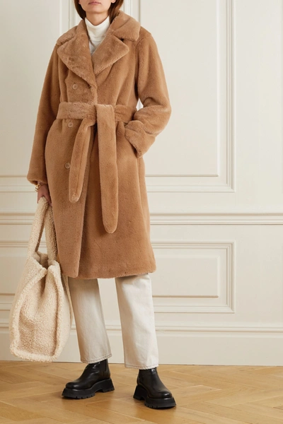 Shop Stand Studio Faustine Belted Double-breasted Faux Fur Coat In Tan