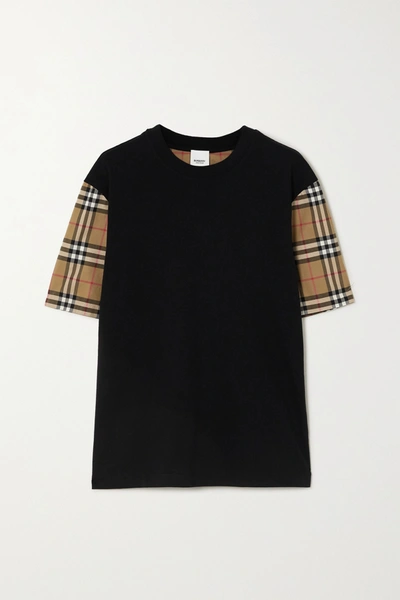 Shop Burberry + Net Sustain Checked Poplin-trimmed Cotton-jersey T-shirt In Black