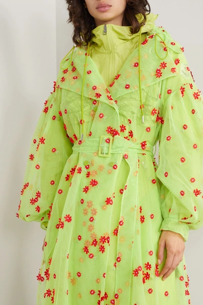 Shop Moncler Genius + 4 Simone Rocha Coronilla Hooded Appliquéd Embroidered Tulle Trench Coat In Lime Green