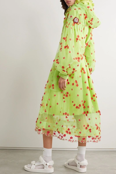 Shop Moncler Genius + 4 Simone Rocha Coronilla Hooded Appliquéd Embroidered Tulle Trench Coat In Lime Green