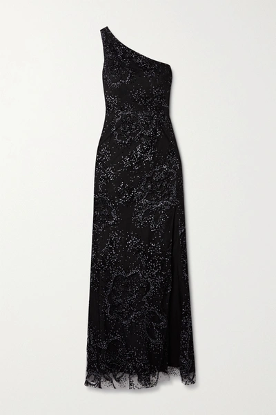 Shop Marchesa Notte One-shoulder Flocked Glittered Tulle Gown In Black