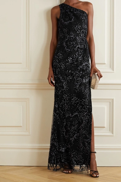 Shop Marchesa Notte One-shoulder Flocked Glittered Tulle Gown In Black