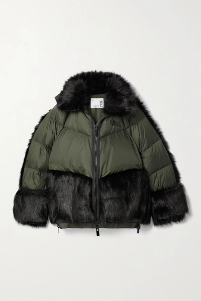 Shop Nike + Sacai Nrg Oversized Hooded Faux Fur And Quilted Shell Down Jacket In Green