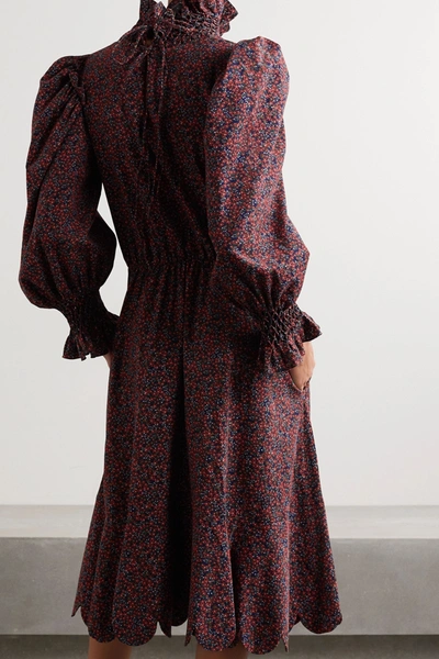 Shop Horror Vacui Collia Scalloped Floral-print Cotton-corduroy Midi Dress In Burgundy