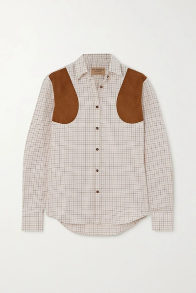 Shop Purdey Faux Suede-paneled Checked Cotton-twill Shirt In Tan