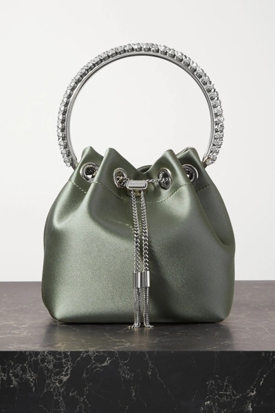 Shop Jimmy Choo Bon Bon Crystal-embellished Satin Bucket Bag In Green