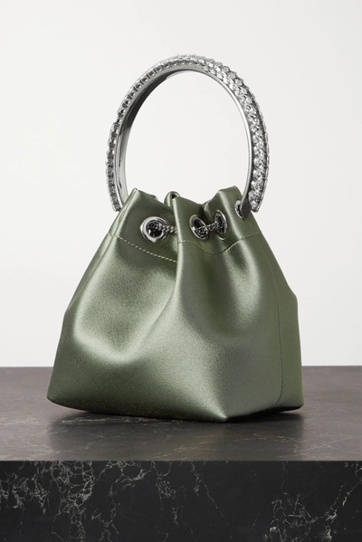 Shop Jimmy Choo Bon Bon Crystal-embellished Satin Bucket Bag In Green