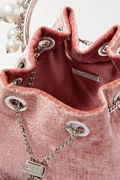Shop Jimmy Choo Bon Bon Faux Pearl-embellished Velvet Bucket Bag In Pink