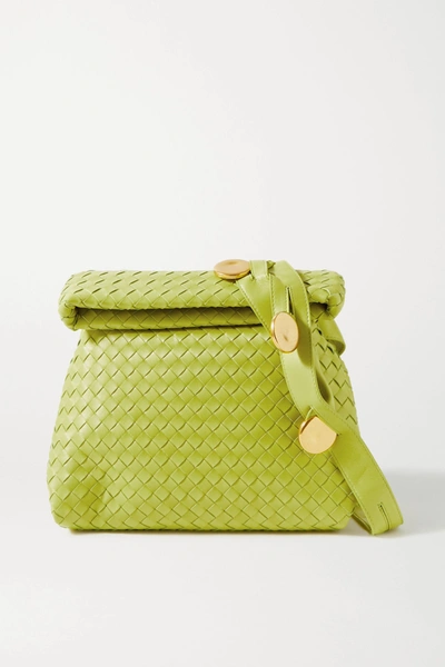 Shop Bottega Veneta The Fold Small Embellished Intrecciato Leather Shoulder Bag In Green