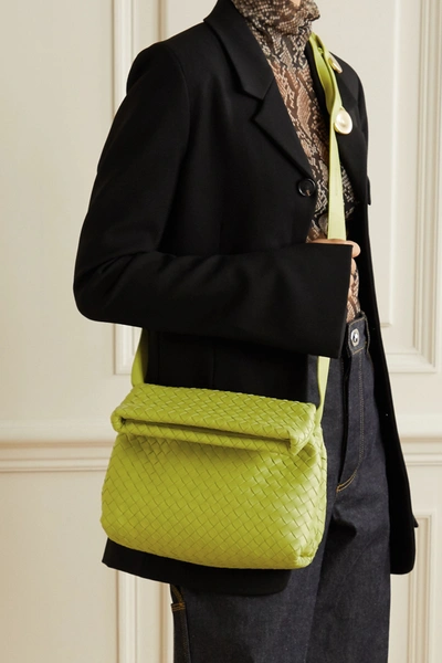 Shop Bottega Veneta The Fold Small Embellished Intrecciato Leather Shoulder Bag In Green
