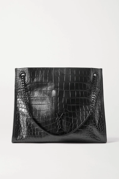 Shop Saint Laurent Niki Medium Crinkled Croc-effect Leather Tote In Black