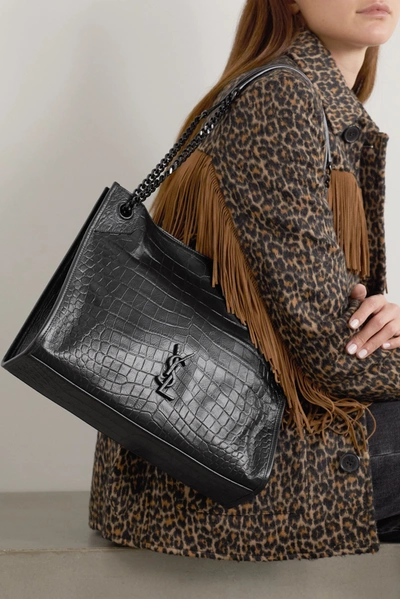 Saint Laurent Niki Medium Crinkled Croc-effect Leather Tote In Black
