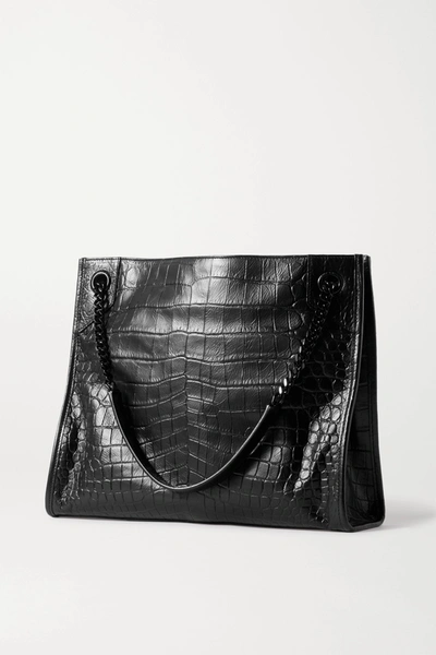 Shop Saint Laurent Niki Medium Crinkled Croc-effect Leather Tote In Black