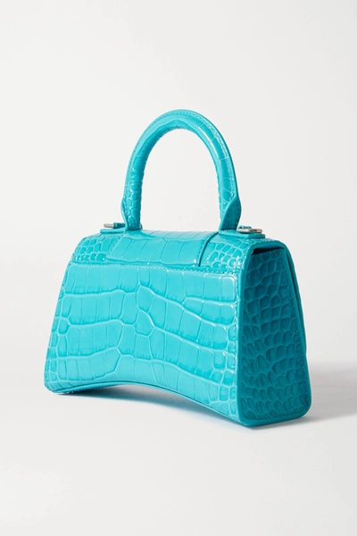 Shop Balenciaga Hourglass Xs Croc-effect Leather Tote In Turquoise