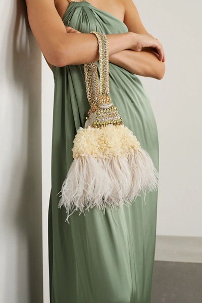 Shop Nannacay Laine Faux Feather-trimmed Embellished Velvet Tote In Cream