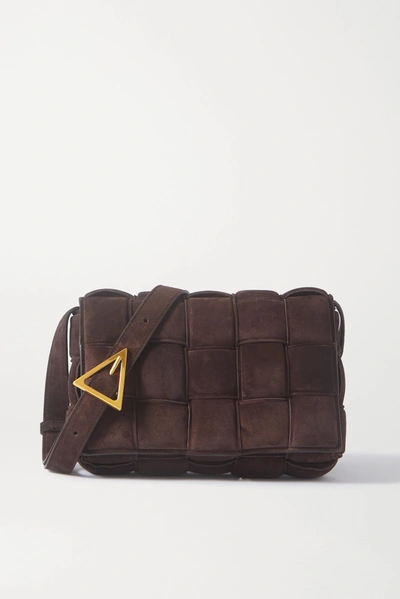 Shop Bottega Veneta Cassette Padded Intrecciato Suede Shoulder Bag In Dark Brown