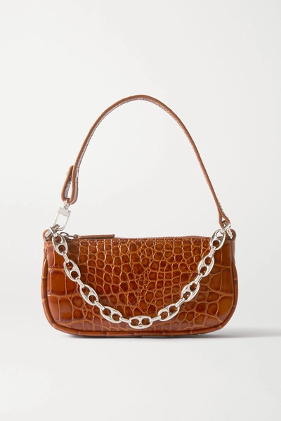 Shop By Far Rachel Mini Chain-embellished Croc-effect Leather Shoulder Bag In Tan