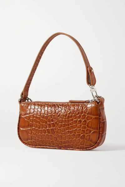 Shop By Far Rachel Mini Chain-embellished Croc-effect Leather Shoulder Bag In Tan