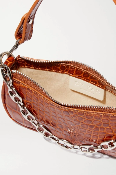 Shop By Far Rachel Mini Chain-embellished Croc-effect Leather Shoulder Bag In Tan