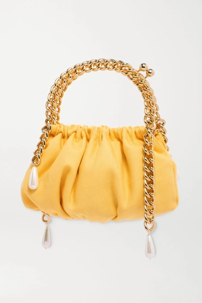 Shop Rosantica Maria Luisa Faux Pearl-embellished Cotton And Gold-tone Tote In Yellow