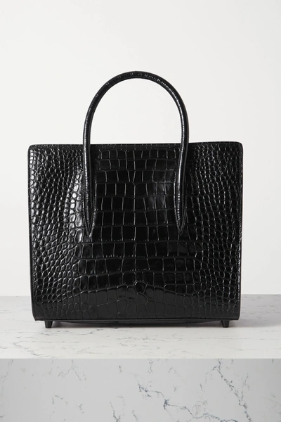 Shop Christian Louboutin Paloma Medium Rubber-trimmed Croc-effect Leather Tote In Black