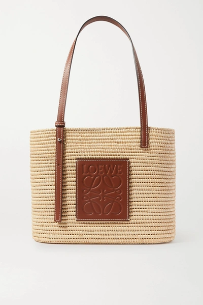 Shop Loewe + Paula's Ibiza Small Leather-trimmed Woven Raffia Tote In Brown