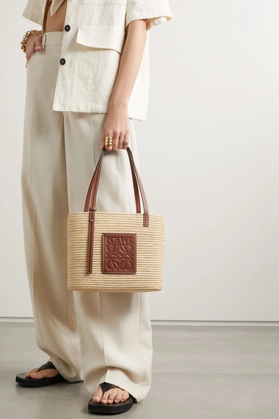Shop Loewe + Paula's Ibiza Small Leather-trimmed Woven Raffia Tote In Brown
