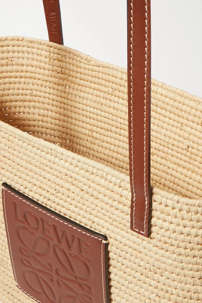 Shop Loewe + Paula's Ibiza Small Leather-trimmed Woven Raffia Tote In Brown