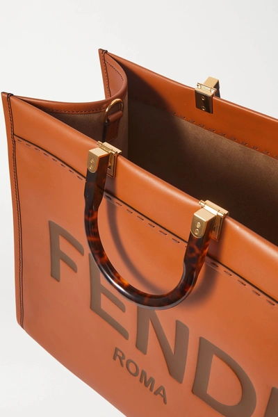 Shop Fendi Sunshine Shopper Debossed Leather Tote In Brown