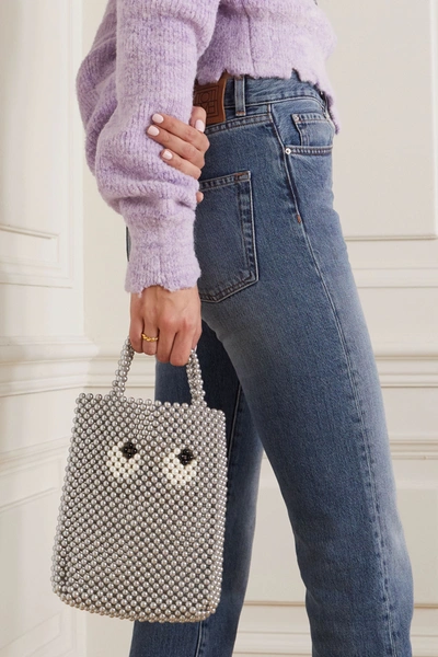 Shop Anya Hindmarch Eyes Small Leather-trimmed Beaded Tote In Gray
