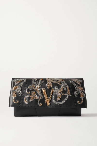 Shop Versace Virtus Sequin-embellished Leather Clutch In Black