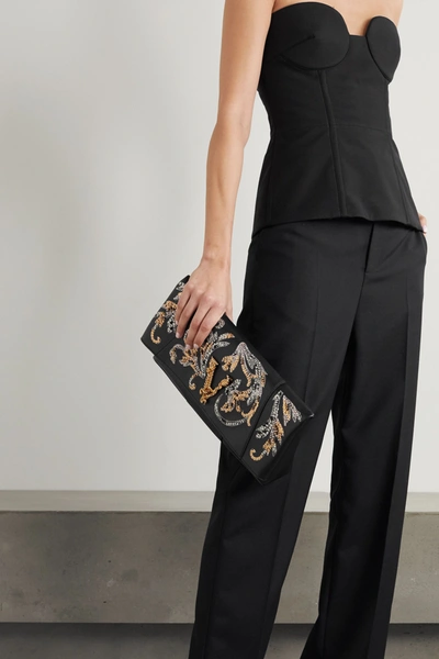 Shop Versace Virtus Sequin-embellished Leather Clutch In Black