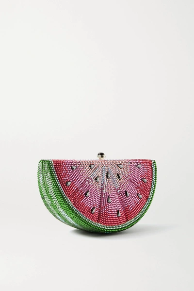 Shop Judith Leiber Slice Watermelon Crystal-embellished Silver-tone Clutch In Pink