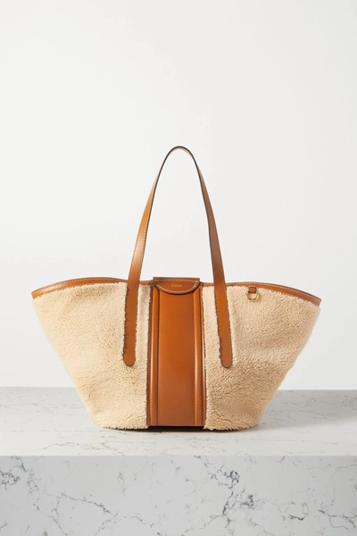 Shop Chloé Fredy Medium Leather-trimmed Shearling Tote In Camel