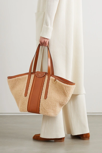 Shop Chloé Fredy Medium Leather-trimmed Shearling Tote In Camel