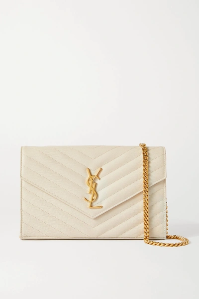 Shop Saint Laurent Cassandre Chain Matelassé Textured-leather Wallet In Cream