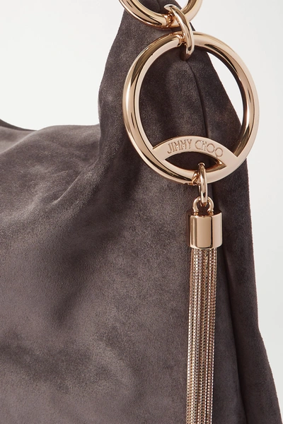 Shop Jimmy Choo Callie Hobo Large Tasseled Leather-trimmed Suede Shoulder Bag In Gray