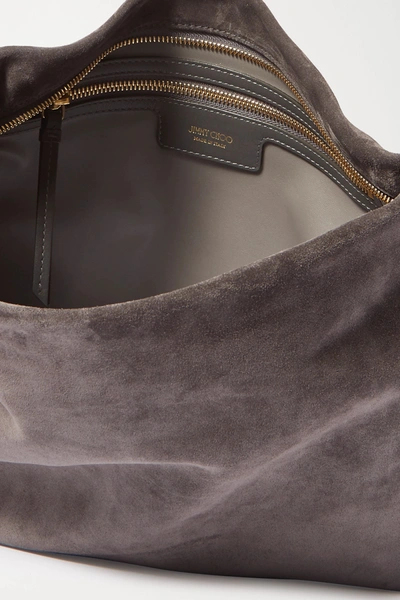 Shop Jimmy Choo Callie Hobo Large Tasseled Leather-trimmed Suede Shoulder Bag In Gray