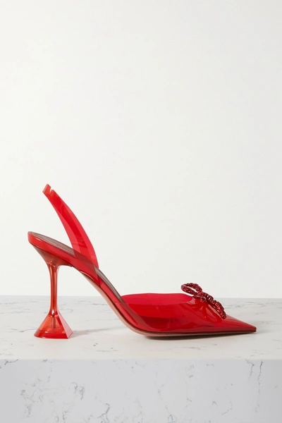 Shop Amina Muaddi Rosie Glass Crystal-embellished Bow-detailed Pvc Slingback Pumps In Red