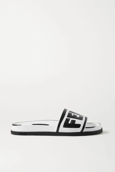 Shop Fendi Logo-print Leather Slides In White
