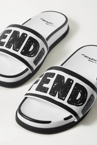 Shop Fendi Logo-print Leather Slides In White