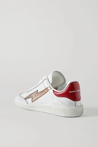 Shop Isabel Marant Bryce Distressed Metallic-trimmed Snake-effect And Smooth Leather Sneakers In White