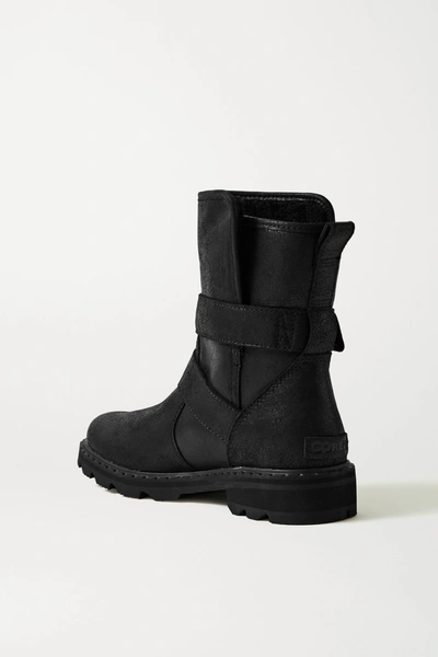 Shop Sorel Lennox Moto Cozy Buckled Shearling-lined Waterproof Brushed-leather Ankle Boots In Black